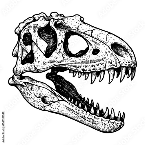 Tyrannosaurus Rex Dinosaur Skull Black and White Outline Line Art Drawing detailed engraving style