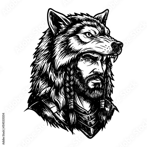 Legendary Warrior Wearing Wolf Head Gear Portrait Black and White Outline Line Art Drawing