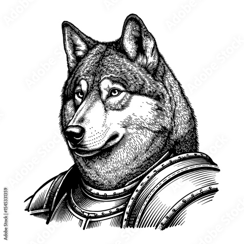Legendary Warrior Wolf Head Portrait Wearing Medieval Knight Body Armor Black and White Outline Line Art Drawing