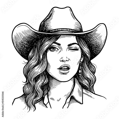 Portrait of a Flirty Cowboy Lady Winking One Eye Closed in Black and White Outline Line Art Drawing Style