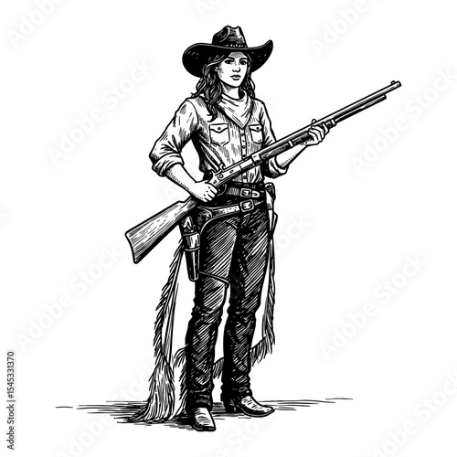 Cowboy Lady with Vintage Rifle Gun Standing Full Body Black and White Outline Line Art Drawing Illustration