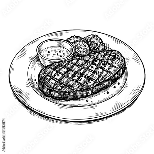 Delicious Cooked Steak with Sauce and Sides on Round Plate Black and White Outline Line Art Drawing