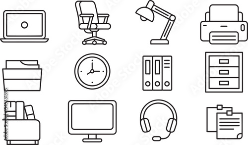 Twelve Black Line Icons Depicting Office Supplies Laptop Chair Desk Lamp Printer File Cabinet Clock Binders