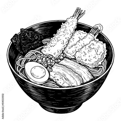 Delicious Japanese Ramen Bowl with Tempura and Egg Full View Black and White Outline Line Art Drawing