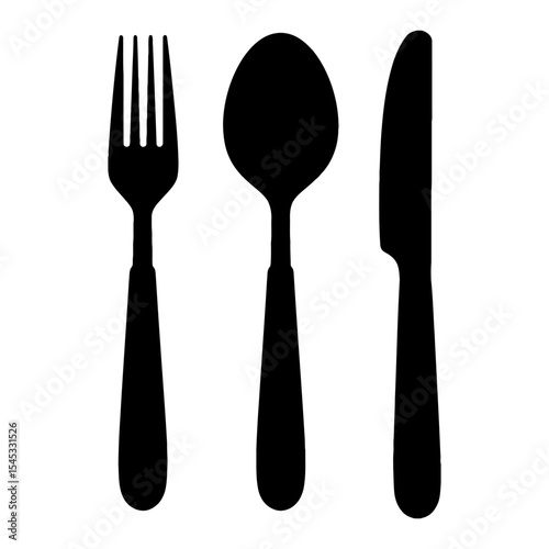 Minimalist Fork Spoon Knife Cutlery Set Black and White Outline Line Art Drawing Simple Kitchen Tools Isolated