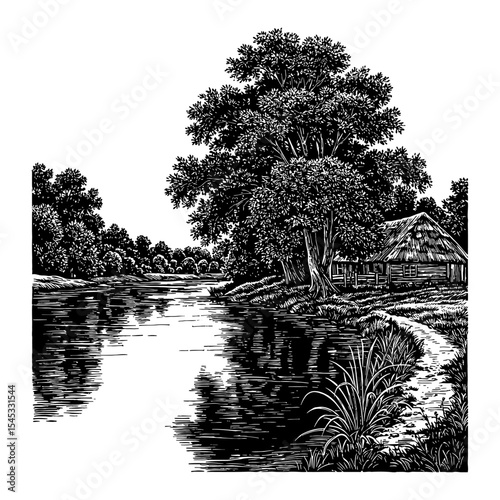 Panoramic River Bank Landscape with Trees and Village House Black and White Outline Line Art Drawing