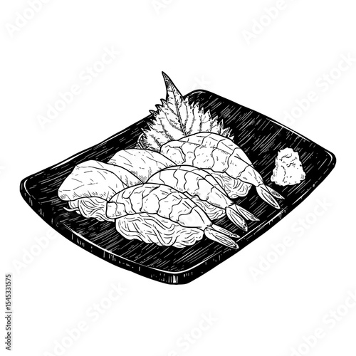 Sashimi Japanese Food on Plate with Shrimp and Fish Nigiri Black and White Outline Line Art Drawing Delicious Traditional Cuisine