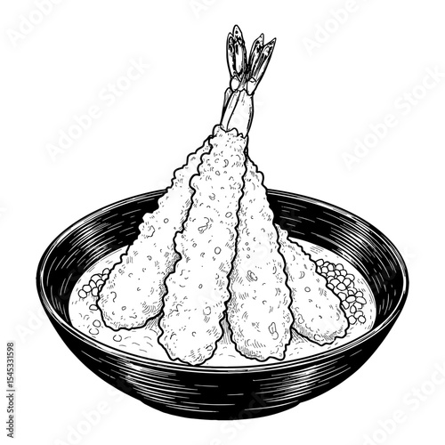 Three Fried Tempura Shrimp in a Bowl Black and White Outline Line Art Drawing Delicious Asian Food