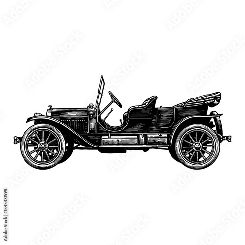 Black and White Outline Line Art Drawing of a 1900s Car Automobile Side View Vintage Antique Style Illustration