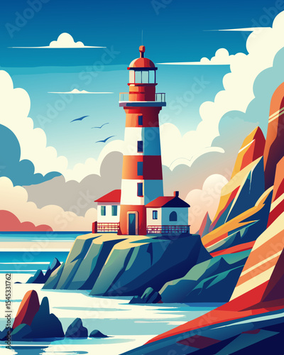 Seaside Lighthouse on Cliffs – Flat Vector Illustration