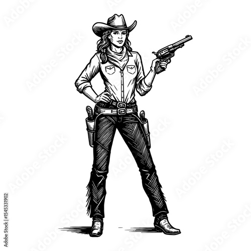 Confident Cowboy Lady with Vintage Short Revolver Standing in Classic Western Black and White Outline Line Art Drawing