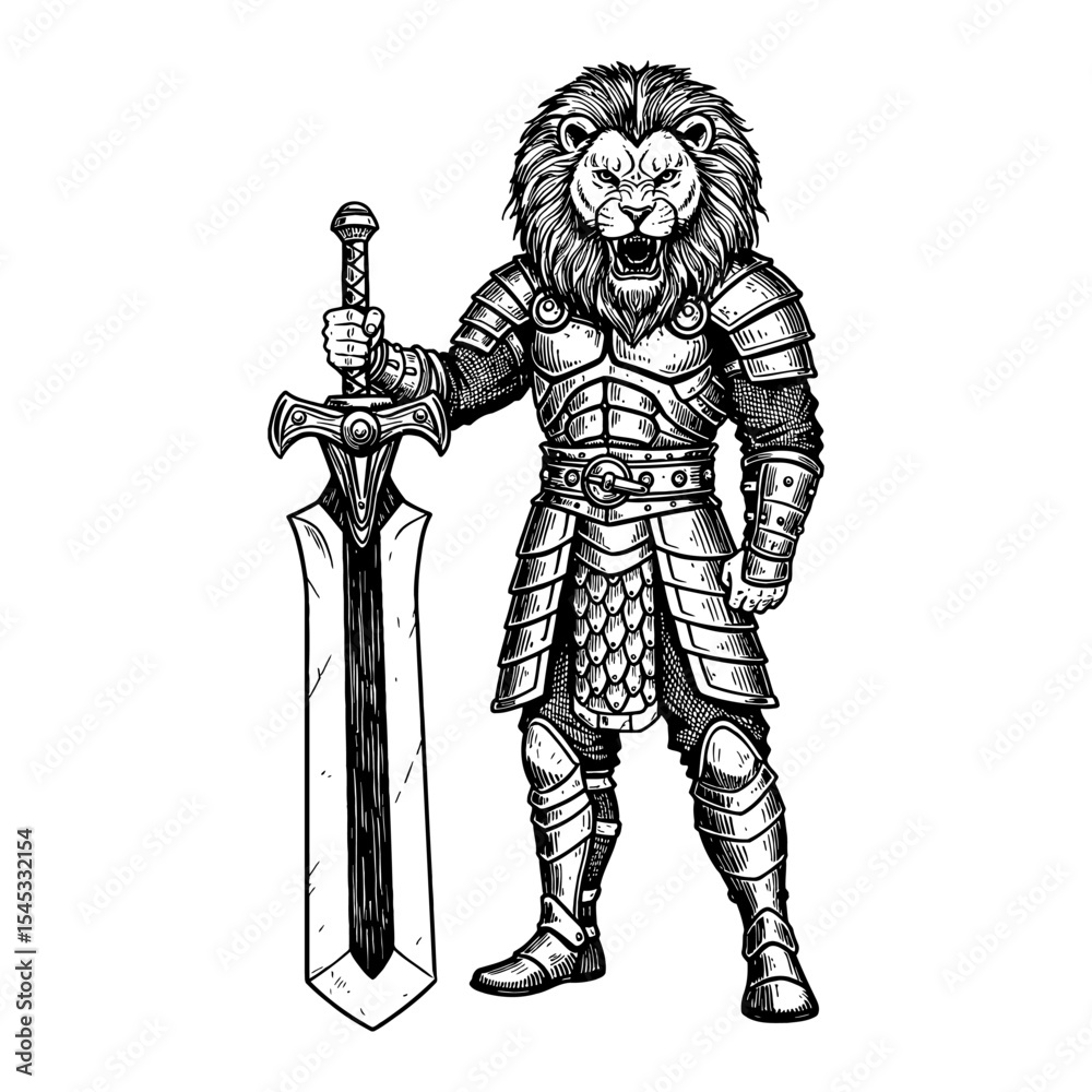 Obraz premium Legendary Warrior with Roaring Lion Head Holding Giant Sword in Black and White Outline Line Art Drawing
