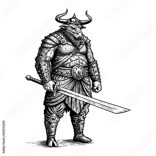 Big Legendary Warrior with Bull Head Holding a Sword Full Body in Black and White Outline Line Art Drawing