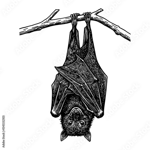 A Bat Hanging Upside Down from a Tree Branch Black and White Outline Line Art Drawing Vintage Engraving Style Illustration