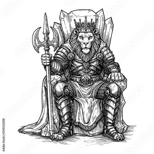 Legendary Lion Warrior King Sitting on a Crystal Throne in Detailed Black and White Outline Line Art Drawing