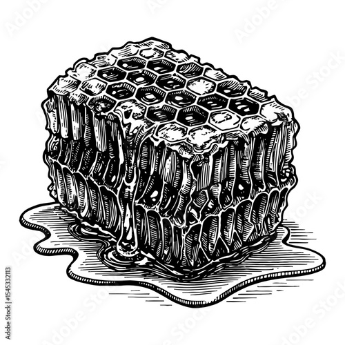 Detailed Honeycomb Block with Melting Honey Dripping Black and White Outline Line Art Drawing