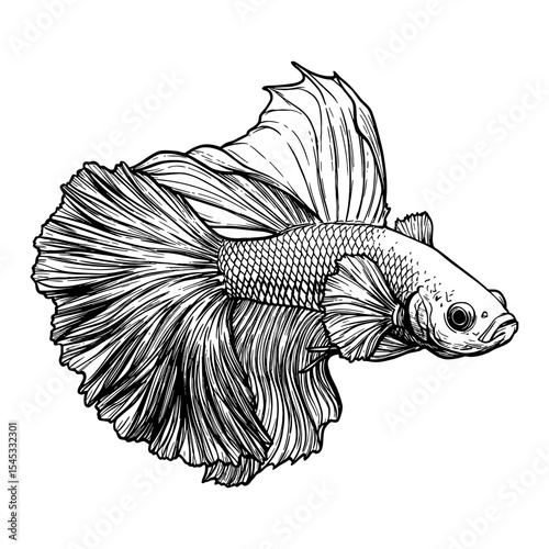 Beautiful Siamese Fighter Fish Profile Black and White Outline Line Art Drawing Detailed Illustration Engraving