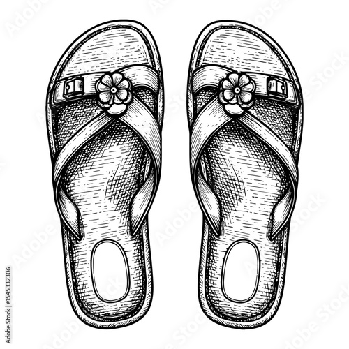 Pair of Beach Sandals Top View Black and White Outline Line Art Drawing with Flower Decoration