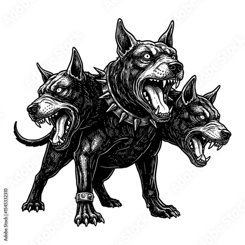 Fearsome Cerberus Three Headed Dog from Hell Mythical Creature Black and White Outline Line Art Drawing
