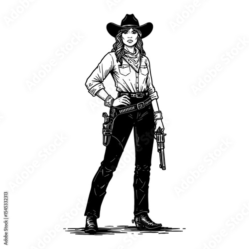 Cowboy Lady with Vintage Short Revolver Standing Full Length Black and White Outline Line Art Drawing
