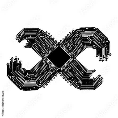 Black and White Outline Line Art Drawing of a Detailed Chip and Circuit Forming an Unfinished Infinity Symbol