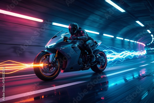 futuristic neon motorcycle racing at high speed in cyberpunk tunnel with glowing light trails and sleek rider gear