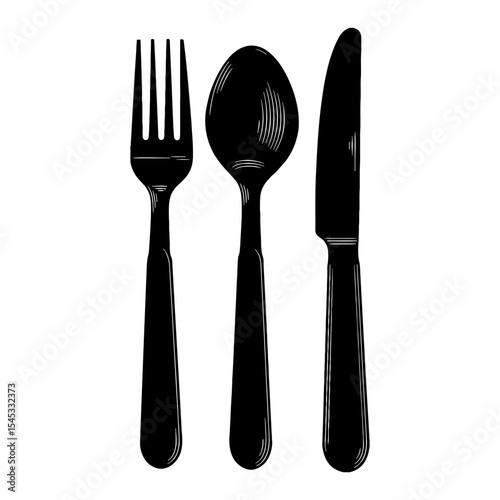 Elegant Minimalist Fork Spoon Knife Cutlery Utensil Set Black and White Outline Line Art Drawing