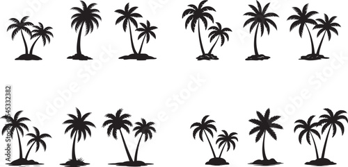 A collection of simple, black silhouette palm trees on small islands. Simple Black Silhouette Palm Trees on Islands, 