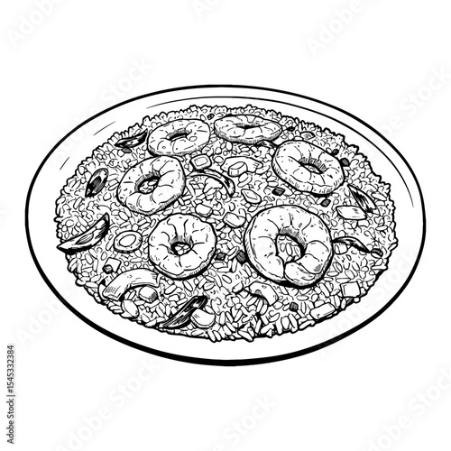 Delicious Asian Cuisine Shrimp Fried Rice Dish Served on Plate Black and White Outline Line Art Drawing Food