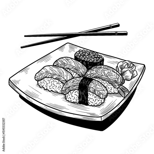 Delicious Sushi Japanese Food on a Plate with Chopsticks and Ginger Black and White Outline Line Art Drawing