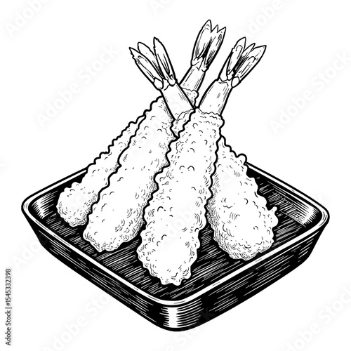 Delicious Four Pieces of Tempura Shrimp on a Plate Black and White Outline Line Art Drawing