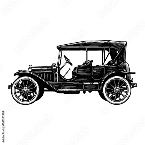 Historic 1900s Car Automobile Side View Vintage Black and White Outline Line Art Drawing Engraving Style