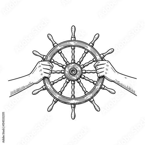 Two Hands Holding a Ship Steering Wheel POV Black and White Outline Line Art Drawing Engraving