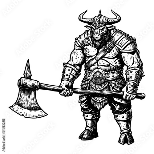 Strong Legendary Warrior with Bull Head Armored and Holding a Great Axe Black and White Outline Line Art Drawing