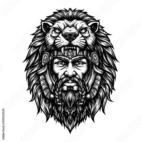 Legendary Warrior Portrait with Majestic Lion Head Gear Black and White Outline Line Art Drawing