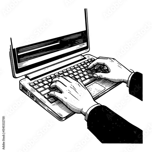 Person's Hands Typing on Laptop Keyboard Black and White Outline Line Art Drawing Illustration Style