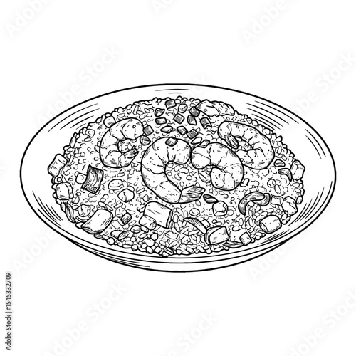 Classic Shrimp Fried Rice Dish with Prawns and Vegetables Top View Black and White Outline Line Art Drawing