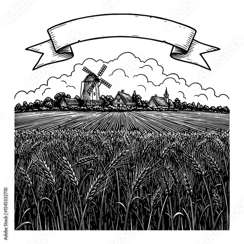 Rural Field with Ripe Wheat and Mill Black and White Outline Line Art Drawing of a Village Landscape