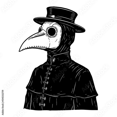 Plague Doctor Portrait with Beaked Mask and Hat in Black and White Outline Line Art Drawing Medieval Style