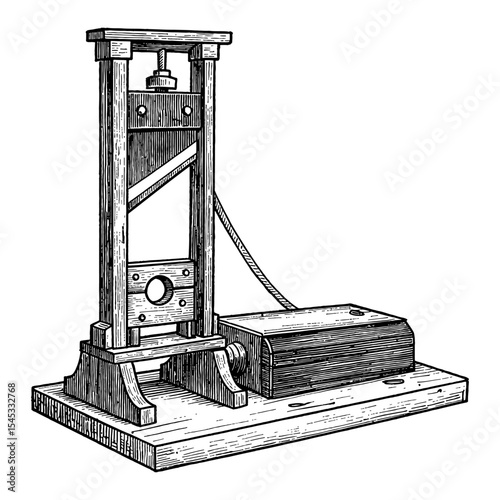 Vintage Guillotine Execution Device Black and White Outline Line Art Drawing Historical Old Machine