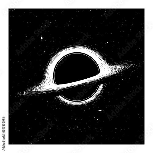 A Cosmic Blackhole Uncropped with Accretion Disk in Deep Outer Space Black and White Outline Line Art Drawing