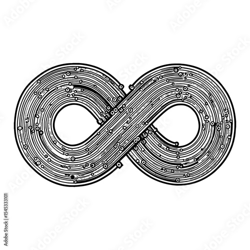 Detailed Circuit Board Infinity Symbol Endless Loop Connection Black and White Outline Line Art Drawing
