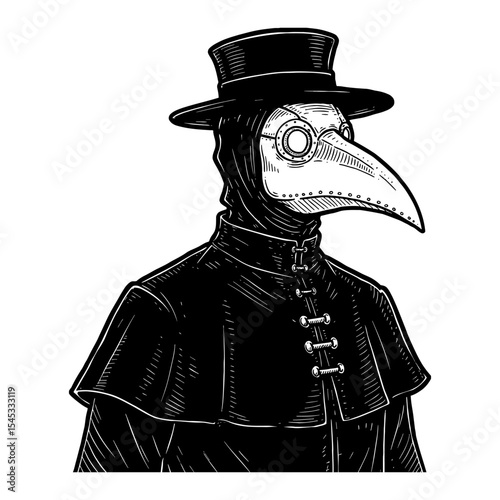 Detailed Historical Plague Doctor Wearing Bird Mask and Hat Vintage Black and White Outline Line Art Drawing