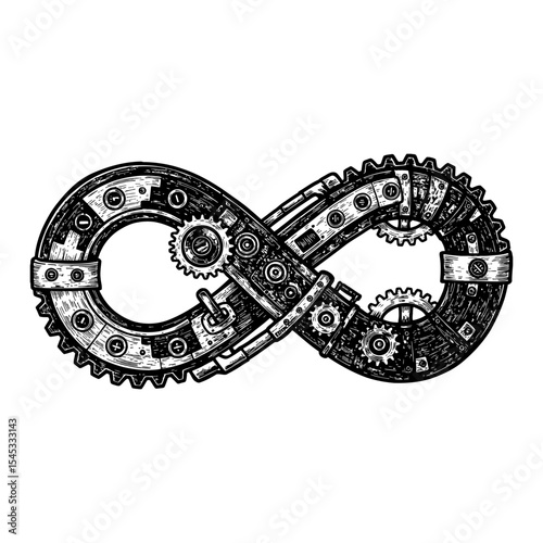 Detailed Steampunk Infinity Symbol with Gears Cogs and Rivets Black and White Outline Line Art Drawing