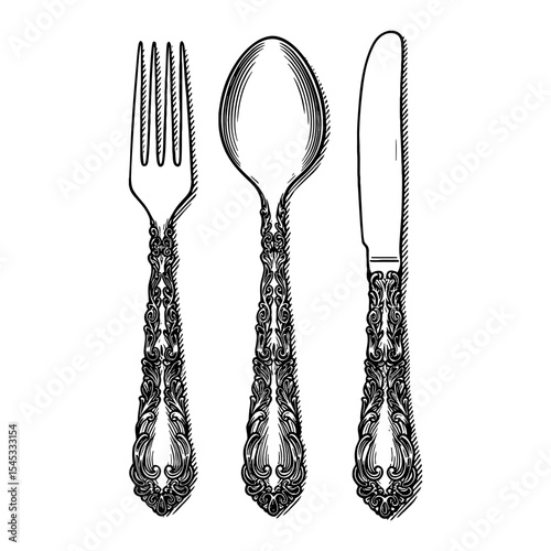 Elegant Simple Fork Spoon Knife Cutlery Set Black and White Outline Line Art Drawing with Ornate Detail