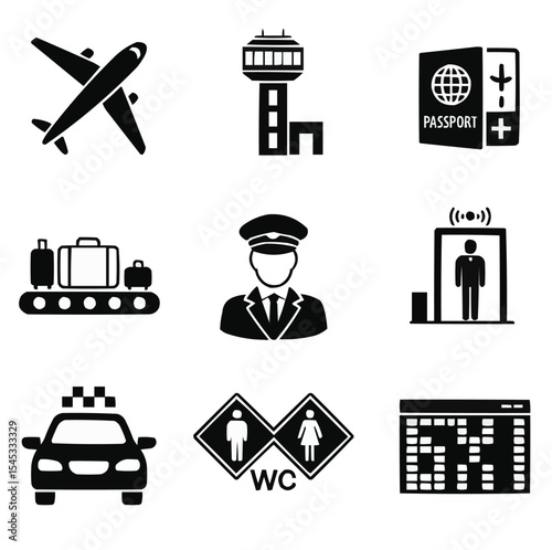Minimalist vector set of 9 black airport and travel icons. Includes planes, passport, transportation, control tower, luggage, and more. Perfect for aviation UI and mobile apps.