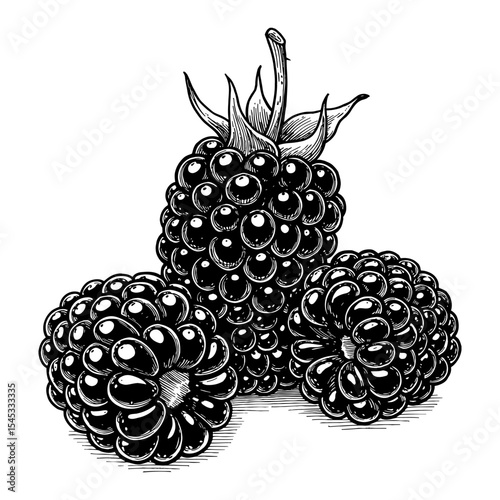 Three Ripe Blackberry Fruits Detailed Black and White Outline Line Art Drawing Vintage Style