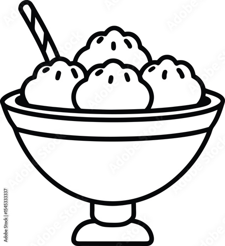 Line art illustration of ice cream scoops in a sundae bowl with a wafer stick