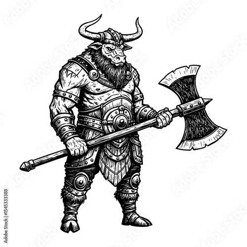 Powerful Legendary Warrior with Bull Head in Armor Holding Giant Axe Black and White Outline Line Art Drawing