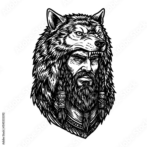 Legendary Bearded Warrior Wearing Wolf Headgear Portrait Black and White Outline Line Art Drawing